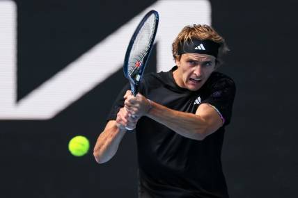 Jan 19, 2023; Melbourne, VICTORIA, Australia; Alexander Zverev from Germany during his second round match against Michael Mmoh from the United States on day four of the 2023 Australian Open tennis tournament at Melbourne Park. Mandatory Credit: Mike Frey-USA TODAY Sports