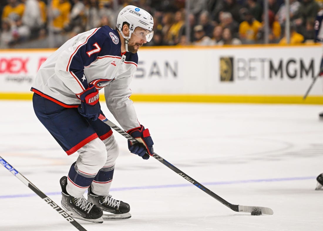 Jan 17, 2023; Nashville, Tennessee, USA;  Columbus Blue Jackets center Sean Kuraly (7) skates against the Nashville Predators during the second period at Bridgestone Arena. Mandatory Credit: Steve Roberts-USA TODAY Sports