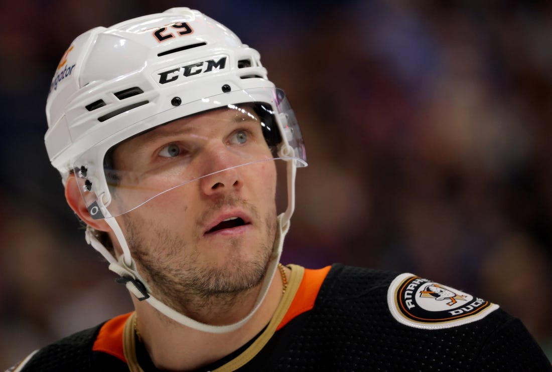 Jan 21, 2023; Buffalo, New York, USA;  Anaheim Ducks defenseman Dmitry Kulikov (29) during a stoppage in play against the Buffalo Sabres during the second period at KeyBank Center. Mandatory Credit: Timothy T. Ludwig-USA TODAY Sports