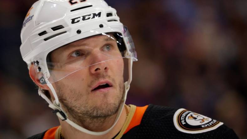 Jan 21, 2023; Buffalo, New York, USA;  Anaheim Ducks defenseman Dmitry Kulikov (29) during a stoppage in play against the Buffalo Sabres during the second period at KeyBank Center. Mandatory Credit: Timothy T. Ludwig-USA TODAY Sports