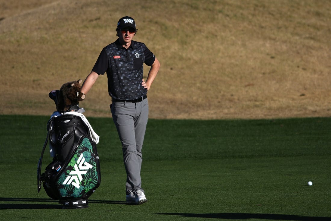 Jan 21, 2023; La Quinta, California, USA; Nico Echavarria looks on from the ninth fairway during the third round of The American Express golf tournament at Pete Dye Stadium Course. Mandatory Credit: Orlando Ramirez-USA TODAY Sports