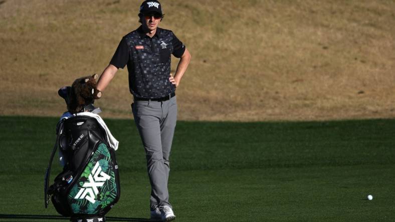 Jan 21, 2023; La Quinta, California, USA; Nico Echavarria looks on from the ninth fairway during the third round of The American Express golf tournament at Pete Dye Stadium Course. Mandatory Credit: Orlando Ramirez-USA TODAY Sports