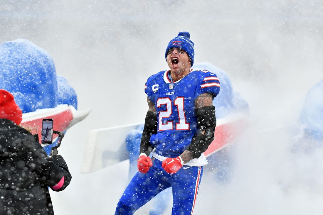 Jan 22, 2023; Orchard Park, New York, USA; Buffalo Bills safety Jordan Poyer (21) reacts before an AFC divisional round game between the Buffalo Bills and the Cincinnati Bengals at Highmark Stadium. Mandatory Credit: Mark Konezny-USA TODAY Sports