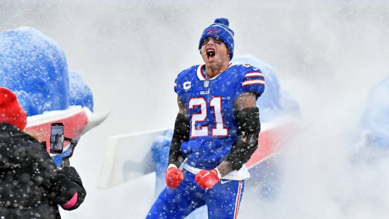 Jan 22, 2023; Orchard Park, New York, USA; Buffalo Bills safety Jordan Poyer (21) reacts before an AFC divisional round game between the Buffalo Bills and the Cincinnati Bengals at Highmark Stadium. Mandatory Credit: Mark Konezny-USA TODAY Sports