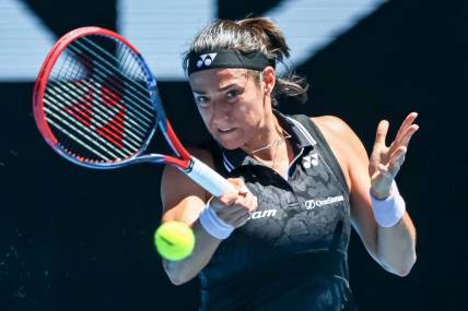 Jan 23, 2023; Melbourne, Victoria, Australia; Caroline Garcia from France during her round four match against Magda Linette from Poland on day eight of the 2023 Australian Open tennis tournament at Melbourne Park. Mandatory Credit: Mike Frey-USA TODAY Sports