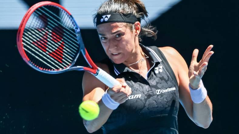 Jan 23, 2023; Melbourne, Victoria, Australia; Caroline Garcia from France during her round four match against Magda Linette from Poland on day eight of the 2023 Australian Open tennis tournament at Melbourne Park. Mandatory Credit: Mike Frey-USA TODAY Sports