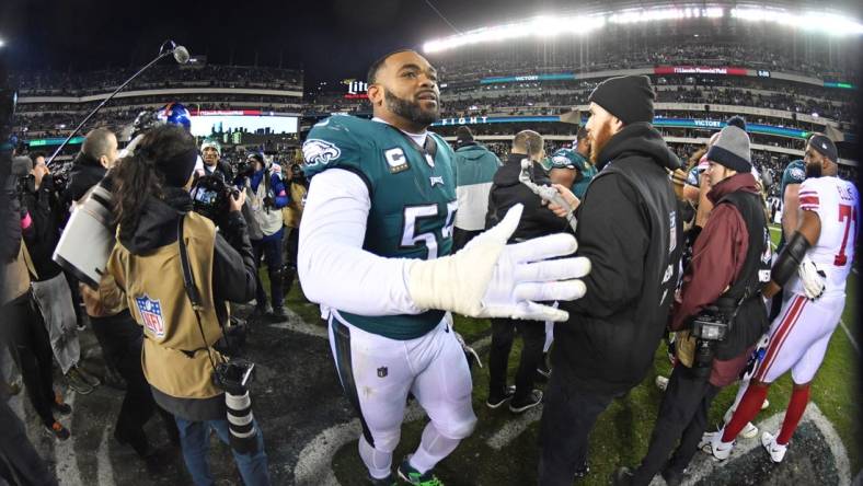 Jan 21, 2023; Philadelphia, Pennsylvania, USA; Philadelphia Eagles defensive end Brandon Graham (55) on the field after win against the New York Giants during an NFC divisional round game at Lincoln Financial Field. Mandatory Credit: Eric Hartline-USA TODAY Sports