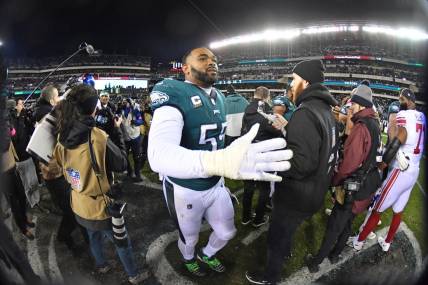 Jan 21, 2023; Philadelphia, Pennsylvania, USA; Philadelphia Eagles defensive end Brandon Graham (55) on the field after win against the New York Giants during an NFC divisional round game at Lincoln Financial Field. Mandatory Credit: Eric Hartline-USA TODAY Sports