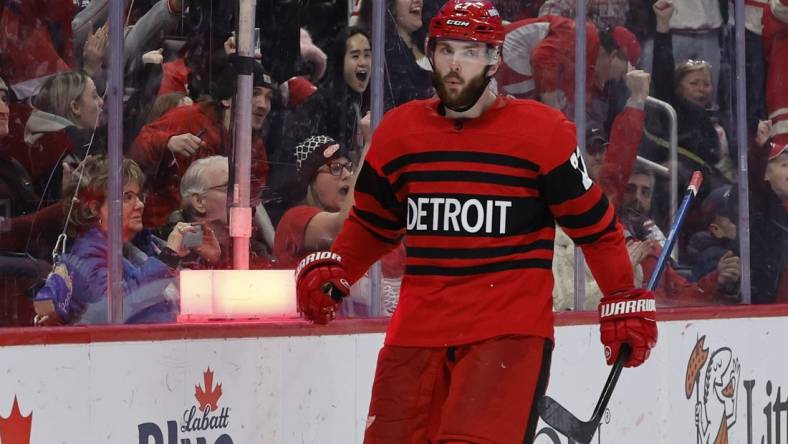 Jan 24, 2023; Detroit, Michigan, USA;  Detroit Red Wings center Michael Rasmussen (27) celebrates after scoring in the second period against the San Jose Sharks at Little Caesars Arena. Mandatory Credit: Rick Osentoski-USA TODAY Sports