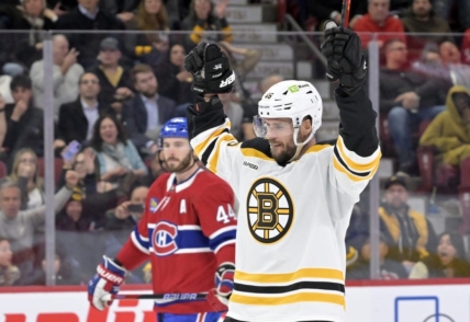 Jan 24, 2023; Montreal, Quebec, CAN; Boston Bruins forward David Krejci (46) celebrates after scoring a goal against the Montreal Canadiens during the third period at the Bell Centre. Mandatory Credit: Eric Bolte-USA TODAY Sport