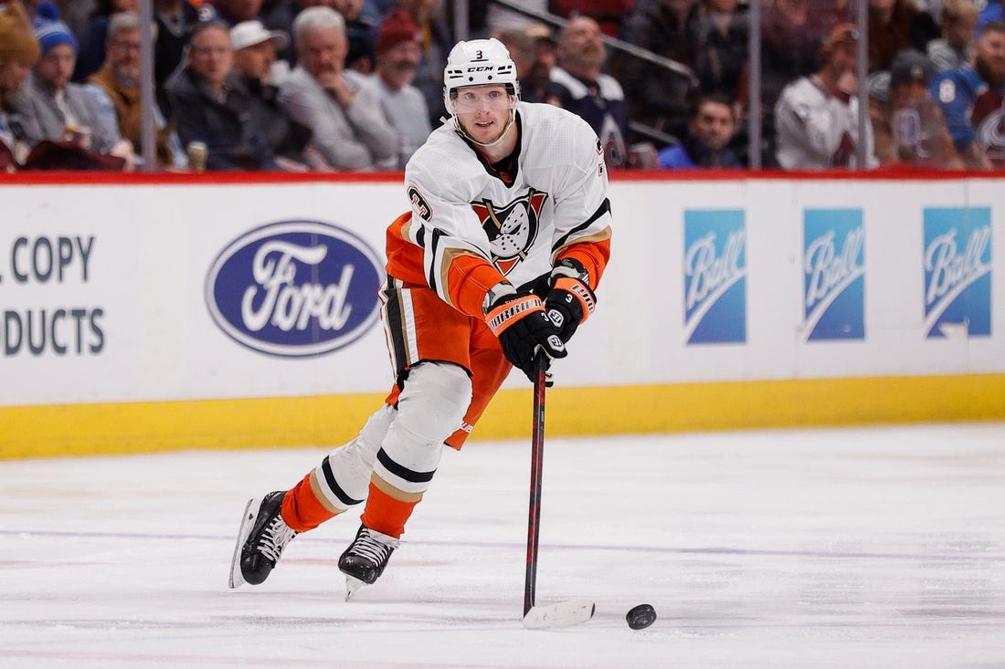 Jan 26, 2023; Denver, Colorado, USA; Anaheim Ducks defenseman John Klingberg (3) controls the puck in the third period against the Colorado Avalanche at Ball Arena. Mandatory Credit: Isaiah J. Downing-USA TODAY Sports