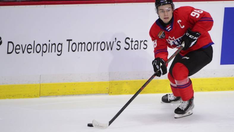 Jan 25, 2023; Langley, BC, CANADA; CHL Top Prospects team red forward Connor Bedard (98) skates during the second period in the 2023 CHL Top Prospects ice hockey game at Langley Events Centre. Mandatory Credit: Anne-Marie Sorvin-USA TODAY Sports