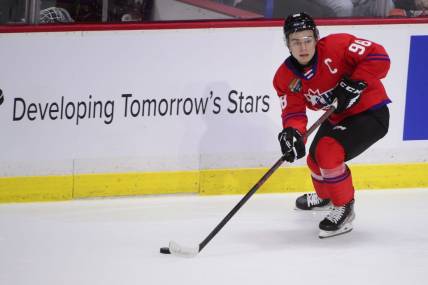 Jan 25, 2023; Langley, BC, CANADA; CHL Top Prospects team red forward Connor Bedard (98) skates during the second period in the 2023 CHL Top Prospects ice hockey game at Langley Events Centre. Mandatory Credit: Anne-Marie Sorvin-USA TODAY Sports