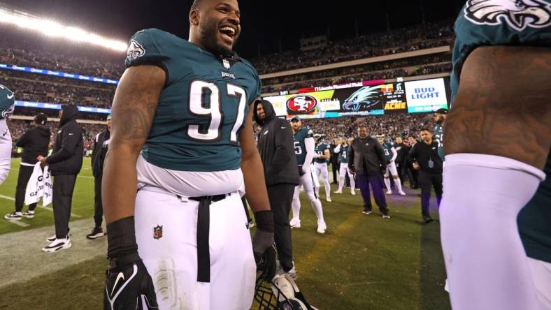 Jan 29, 2023; Philadelphia, Pennsylvania, USA; Philadelphia Eagles defensive tackle Javon Hargrave (97)  on the field after win against the San Francisco 49ers in the NFC Championship game at Lincoln Financial Field. Mandatory Credit: Bill Streicher-USA TODAY Sports