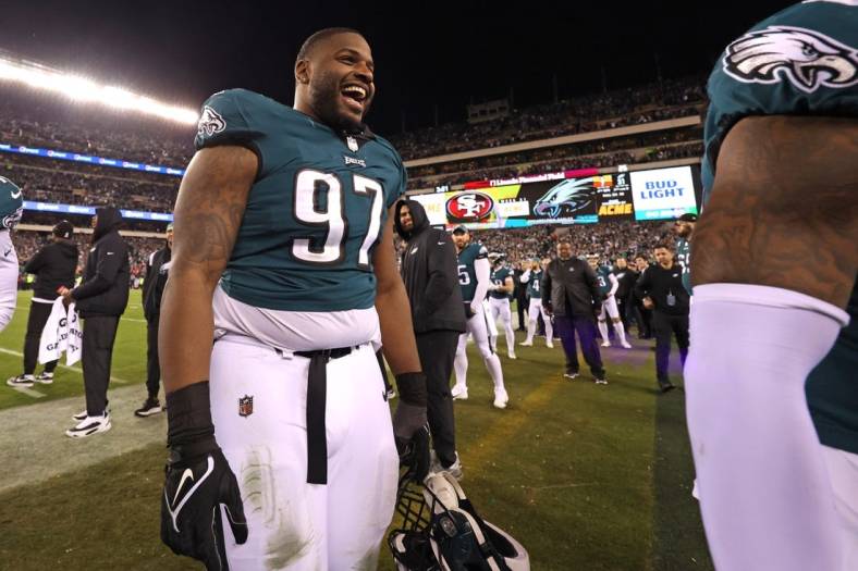 Jan 29, 2023; Philadelphia, Pennsylvania, USA; Philadelphia Eagles defensive tackle Javon Hargrave (97)  on the field after win against the San Francisco 49ers in the NFC Championship game at Lincoln Financial Field. Mandatory Credit: Bill Streicher-USA TODAY Sports