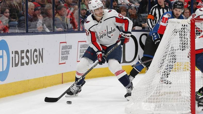 Jan 31, 2023; Columbus, Ohio, USA; Washington Capitals defenseman Trevor van Riemsdyk (57) looks to pass against the Columbus Blue Jackets during the second period at Nationwide Arena. Mandatory Credit: Russell LaBounty-USA TODAY Sports