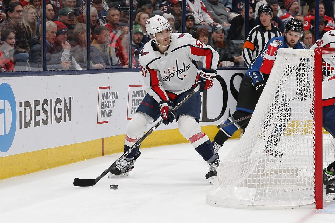 Jan 31, 2023; Columbus, Ohio, USA; Washington Capitals defenseman Trevor van Riemsdyk (57) looks to pass against the Columbus Blue Jackets during the second period at Nationwide Arena. Mandatory Credit: Russell LaBounty-USA TODAY Sports