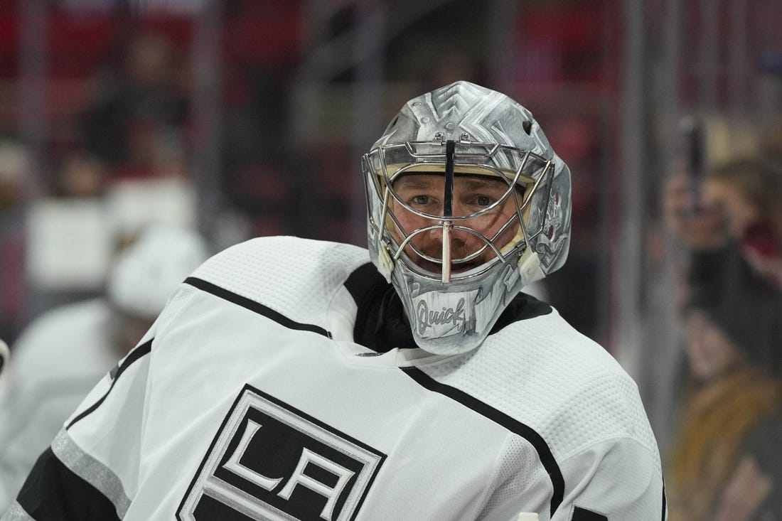 Jan 31, 2023; Raleigh, North Carolina, USA; Los Angeles Kings goaltender Jonathan Quick (32) looks on during warmups Carolina Hurricanes at PNC Arena. Mandatory Credit: James Guillory-USA TODAY Sports