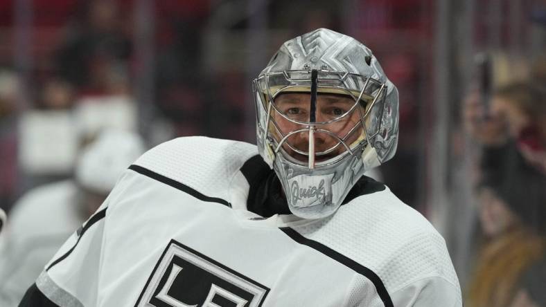 Jan 31, 2023; Raleigh, North Carolina, USA; Los Angeles Kings goaltender Jonathan Quick (32) looks on during warmups Carolina Hurricanes at PNC Arena. Mandatory Credit: James Guillory-USA TODAY Sports