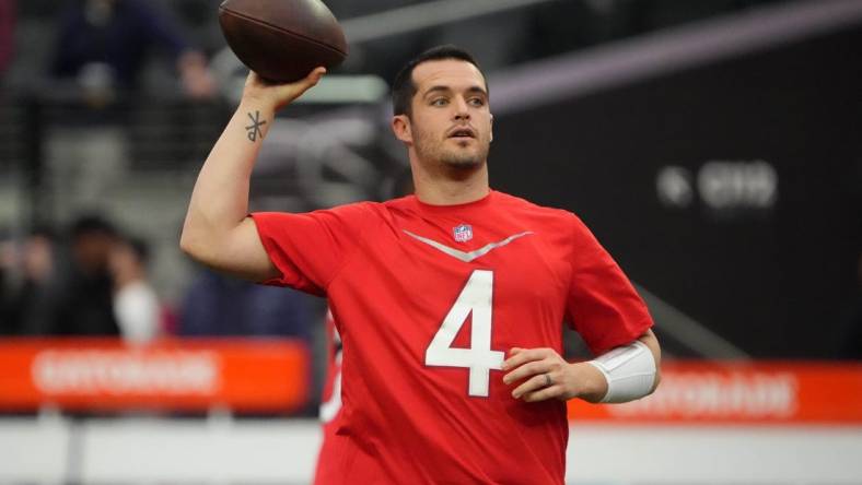 Feb 4, 2023; Paradise, NV, USA; AFC quarterback Derek Carr of the Las Vegas Raiders (4) during Pro Bowl Games practice at Allegiant Stadium. Mandatory Credit: Kirby Lee-USA TODAY Sports