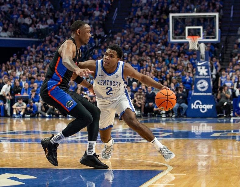Kentucky guard Sahvir Wheeler (2) looked for some room to drive as the Wildcats faced off against Florida in Rupp Arena on Saturday evening. Kentucky defeated Florida 72-67. Feb. 4, 2023

Jf Uk Fla Aj6t4152
