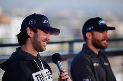 Feb 4, 2023; Los Angeles, California, USA; NASCAR Cup Series driver Daniel Suarez (99) and driver Ross Chastain (1) during media availabilities before practice for the Busch Light Clash at Los Angeles Memorial Coliseum. Mandatory Credit: Gary A. Vasquez-USA TODAY Sports