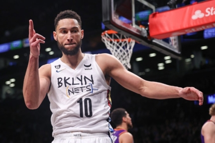 Feb 7, 2023; Brooklyn, New York, USA; Brooklyn Nets guard Ben Simmons (10) reacts after a basket against the Phoenix Suns during the first half at Barclays Center. Mandatory Credit: Vincent Carchietta-USA TODAY Sports
