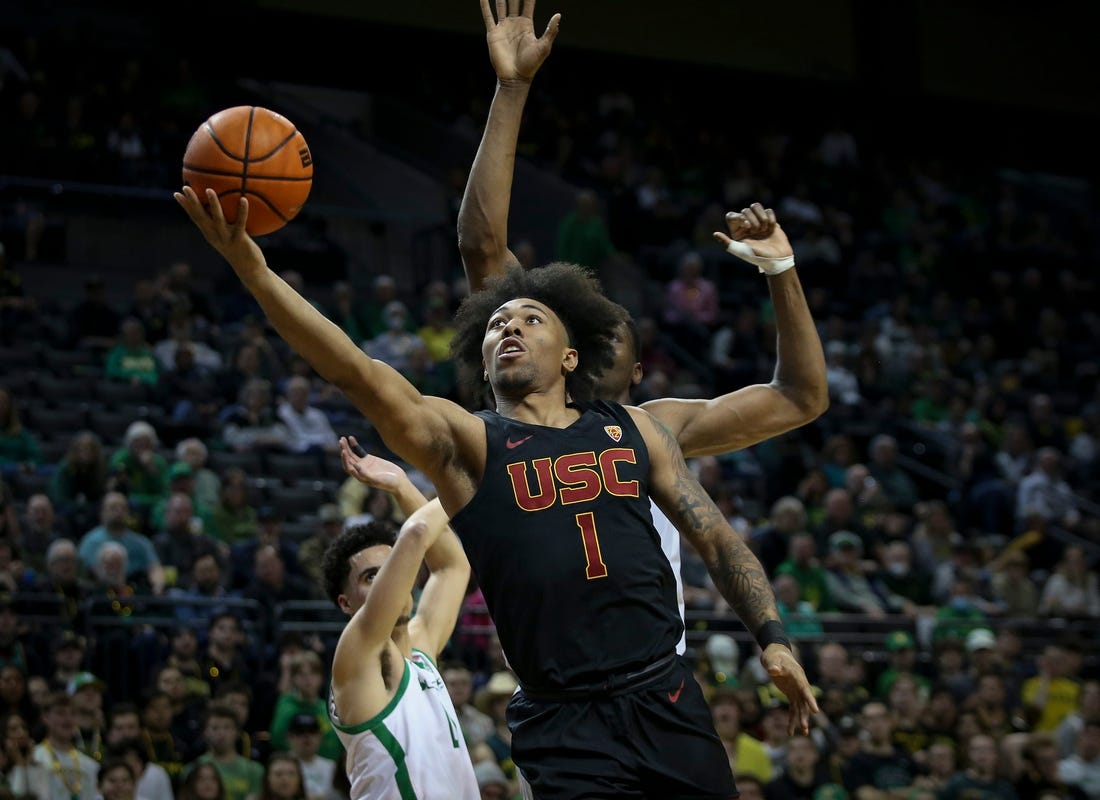 USC guard Malik Thomas puts up a shot as the Oregon Ducks host the Southern California Trojans Thursday, Feb. 9, 2023, at Matthew Knight Arena in Eugene, Ore.

Ncaa Basketball Usc At Oregon Mbb Southern California At Oregon