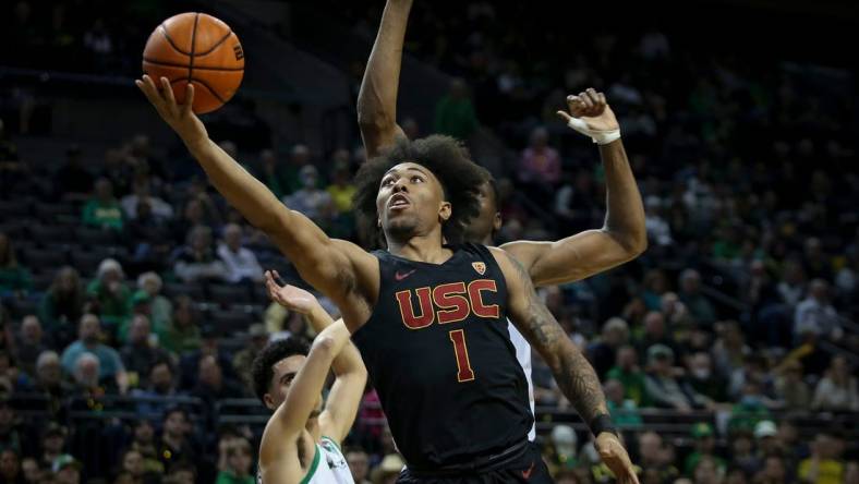 USC guard Malik Thomas puts up a shot as the Oregon Ducks host the Southern California Trojans Thursday, Feb. 9, 2023, at Matthew Knight Arena in Eugene, Ore.

Ncaa Basketball Usc At Oregon Mbb Southern California At Oregon