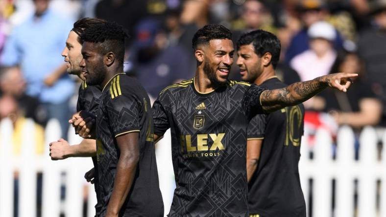 Feb 11, 2023; Indio, CA, USA; LAFC Denis Bouanga celebrates his goal against Toronto FC at Empire Polo Club. Mandatory Credit: Kelvin Kuo-USA TODAY Sports