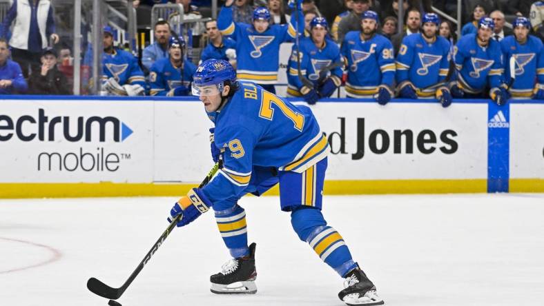 Feb 11, 2023; St. Louis, Missouri, USA;  St. Louis Blues left wing Sammy Blais (79) controls the puck against the Arizona Coyotes during the second period at Enterprise Center. Mandatory Credit: Jeff Curry-USA TODAY Sports