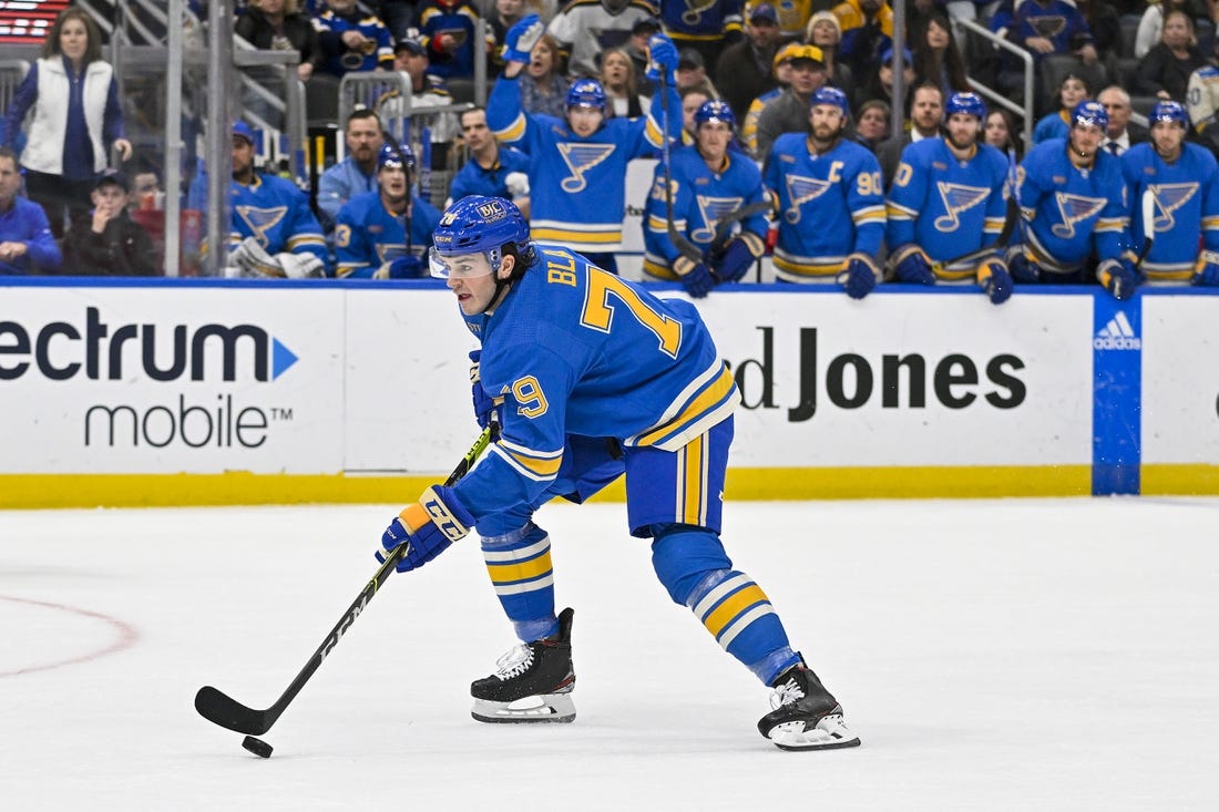 Feb 11, 2023; St. Louis, Missouri, USA;  St. Louis Blues left wing Sammy Blais (79) controls the puck against the Arizona Coyotes during the second period at Enterprise Center. Mandatory Credit: Jeff Curry-USA TODAY Sports