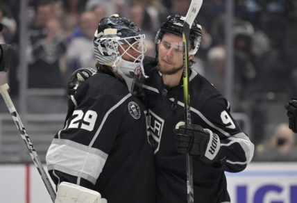 Feb 11, 2023; Los Angeles, California, USA;  Los Angeles Kings goaltender Pheonix Copley (29) is congratulated by Los Angeles Kings right wing Adrian Kempe (9) after a shutout against the Pittsburgh Penguins at Crypto.com Arena. Kempe scored four goals in the game as the first player in Kings franchise history to accomplish that record. Mandatory Credit: Jayne Kamin-Oncea-USA TODAY Sports