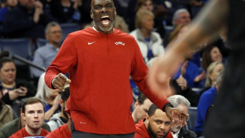 Feb 12, 2023; Memphis, Tennessee, USA; Temple Owls head coach Aaron McKie reacts during the first half against the Memphis Tigers at FedExForum. Mandatory Credit: Petre Thomas-USA TODAY Sports