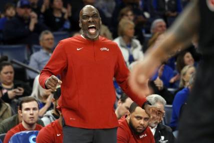 Feb 12, 2023; Memphis, Tennessee, USA; Temple Owls head coach Aaron McKie reacts during the first half against the Memphis Tigers at FedExForum. Mandatory Credit: Petre Thomas-USA TODAY Sports