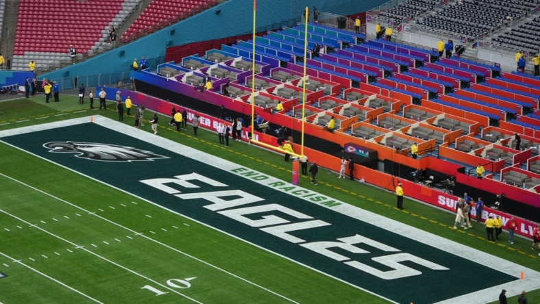 Feb 12, 2023; Glendale, AZ, USA; A general view of the Philadelphia Eagles logo in the end zone before Super Bowl LVII against the Kansas City Chiefs at State Farm Stadium. Mandatory Credit: Kirby Lee-USA TODAY Sports