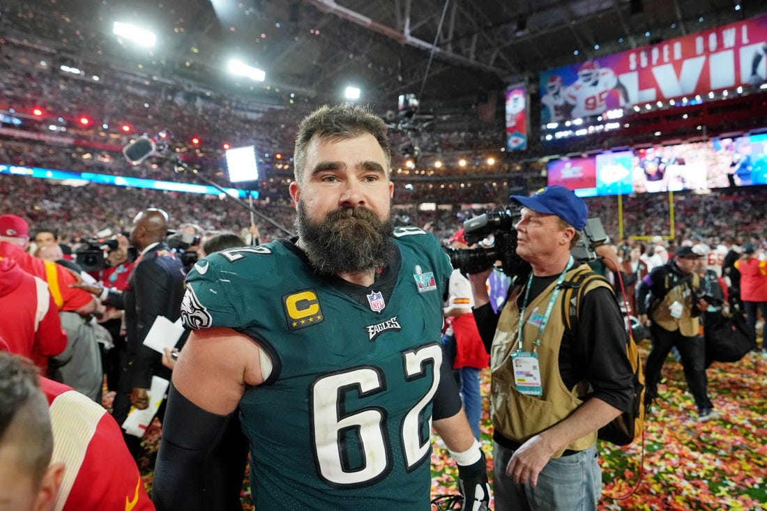 Feb 12, 2023; Glendale, Arizona, US; Philadelphia Eagles center Jason Kelce (62) walks on the field after losing Super Bowl LVII against the Kansas City Chiefs at State Farm Stadium. Mandatory Credit: Kirby Lee-USA TODAY Sports