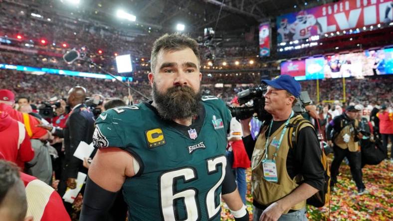 Feb 12, 2023; Glendale, Arizona, US; Philadelphia Eagles center Jason Kelce (62) walks on the field after losing Super Bowl LVII against the Kansas City Chiefs at State Farm Stadium. Mandatory Credit: Kirby Lee-USA TODAY Sports