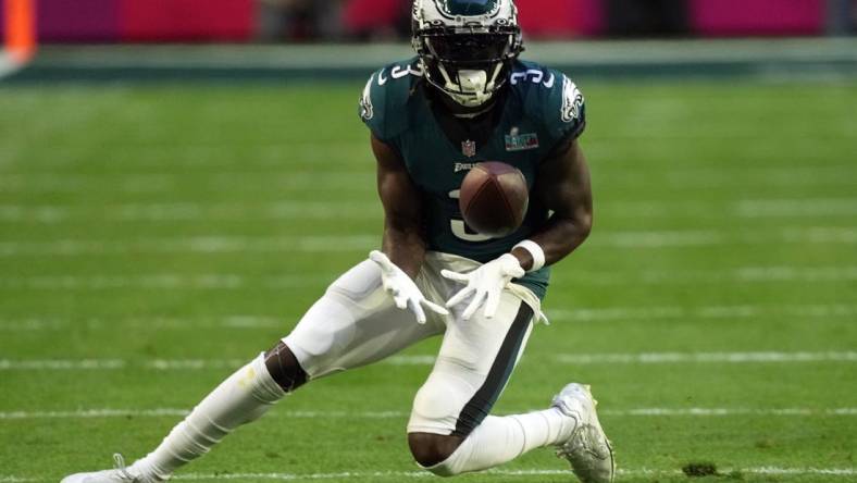 Feb 12, 2023; Glendale, Arizona, US; Philadelphia Eagles wide receiver Zach Pascal (3) against the Kansas City Chiefs during Super Bowl LVII at State Farm Stadium. Mandatory Credit: Joe Camporeale-USA TODAY Sports