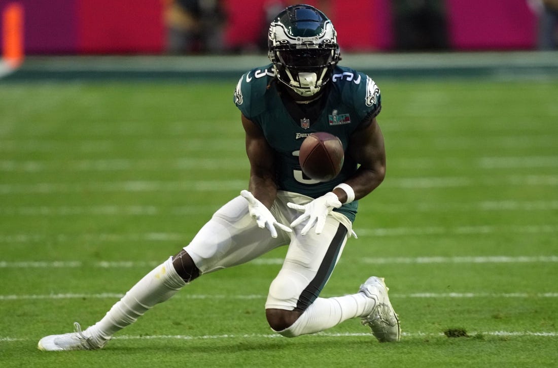 Feb 12, 2023; Glendale, Arizona, US; Philadelphia Eagles wide receiver Zach Pascal (3) against the Kansas City Chiefs during Super Bowl LVII at State Farm Stadium. Mandatory Credit: Joe Camporeale-USA TODAY Sports