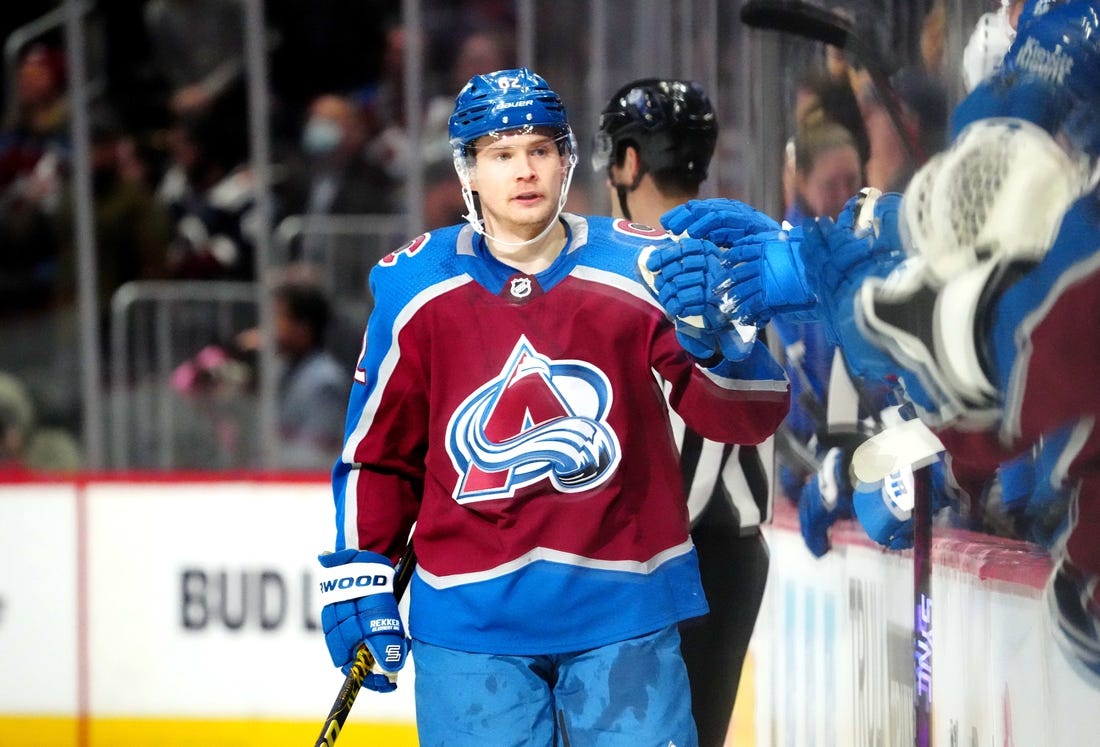 Feb 14, 2023; Denver, Colorado, USA; Colorado Avalanche left wing Artturi Lehkonen (62) celebrates a score in first period against the Tampa Bay Lightning at Ball Arena. Mandatory Credit: Ron Chenoy-USA TODAY Sports