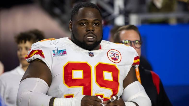 Feb 12, 2023; Glendale, Arizona, US; Kansas City Chiefs defensive tackle Khalen Saunders (99) against the Philadelphia Eagles during Super Bowl LVII at State Farm Stadium. Mandatory Credit: Mark J. Rebilas-USA TODAY Sports