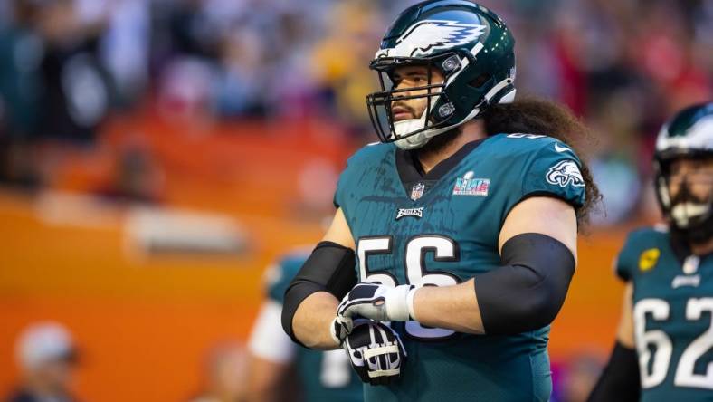 Feb 12, 2023; Glendale, Arizona, US; Philadelphia Eagles guard Isaac Seumalo (56) against the Kansas City Chiefs during Super Bowl LVII at State Farm Stadium. Mandatory Credit: Mark J. Rebilas-USA TODAY Sports