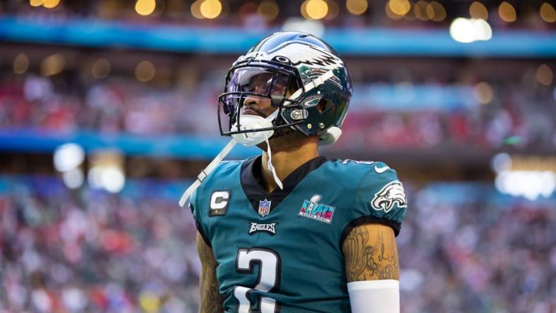 Feb 12, 2023; Glendale, Arizona, US; Philadelphia Eagles cornerback Darius Slay (2) against the Kansas City Chiefs during Super Bowl LVII at State Farm Stadium. Mandatory Credit: Mark J. Rebilas-USA TODAY Sports