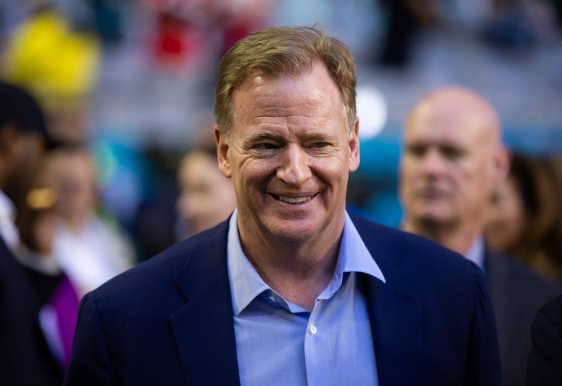 Feb 12, 2023; Glendale, Arizona, US; NFL commissioner Roger Goodell walks on the sideline before Super Bowl LVII at State Farm Stadium. Mandatory Credit: Mark J. Rebilas-USA TODAY Sports