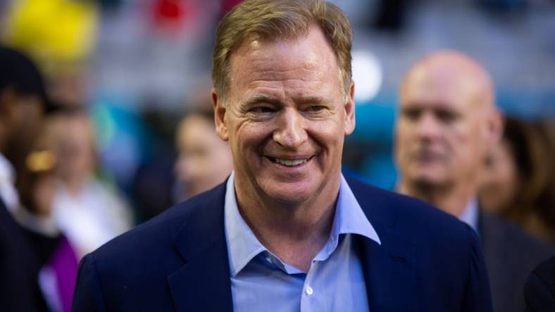 Feb 12, 2023; Glendale, Arizona, US; NFL commissioner Roger Goodell walks on the sideline before Super Bowl LVII at State Farm Stadium. Mandatory Credit: Mark J. Rebilas-USA TODAY Sports