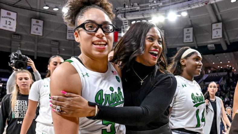 Feb 16, 2023; South Bend, Indiana, USA; Notre Dame Fighting Irish head coach Niele Ivey and guard Olivia Miles (5) leave the court after Notre Dame defeated the Louisville Cardinals 78-76 in overtime. Mandatory Credit: Matt Cashore-USA TODAY Sports