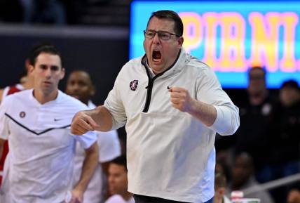 Feb 16, 2023; Los Angeles, California, USA;   Stanford Cardinal head coach Jerod Haase yells from the bench in the second half against the UCLA Bruins at Pauley Pavilion presented by Wescom. Mandatory Credit: Jayne Kamin-Oncea-USA TODAY Sports