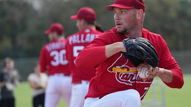 Feb 18, 2023; Jupiter, FL, USA;  St. Louis Cardinals pitcher Anthony Misiewicz (72) warms up during spring training. Mandatory Credit: Jim Rassol-USA TODAY Sports