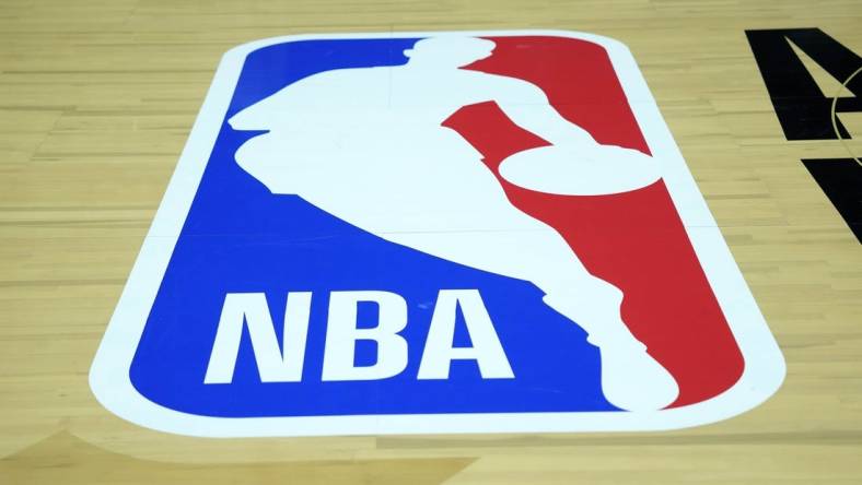 Feb 18, 2023; Salt Lake City, UT, USA; The NBA logo on the court at Huntsman Center. Mandatory Credit: Kirby Lee-USA TODAY Sports